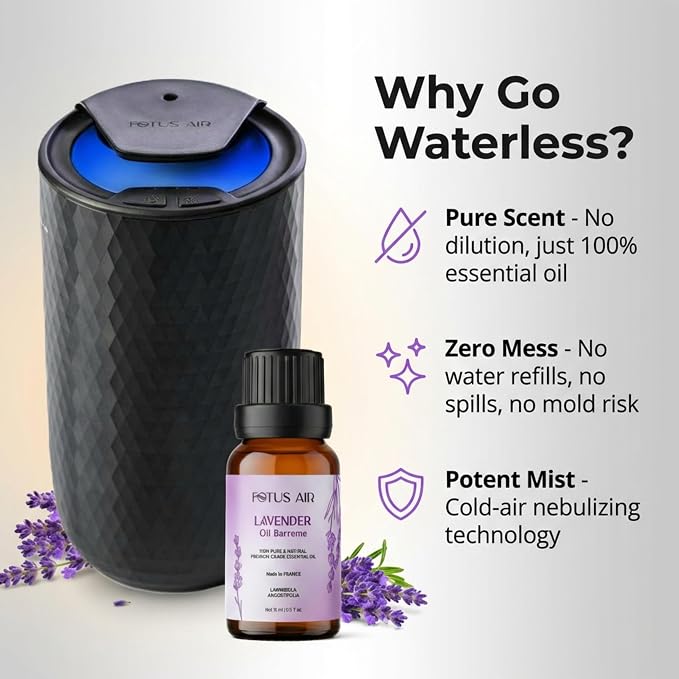 Waterless Essential Oil Diffuser with 15ml French Lavender Oil - Portable Cordless Waterless Diffuser - 3 Mist Levels - 4