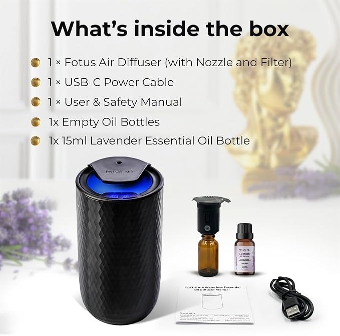 Waterless Essential Oil Diffuser with 15ml French Lavender Oil - Portable Cordless Waterless Diffuser - 3 Mist Levels - 4