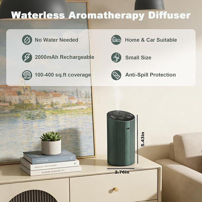 Waterless Essential Oil Diffuser with 4 Timer (1/3/6H & Off) & 3 Mist(L/M/H), Air Scent Diffuser for Home Car Office