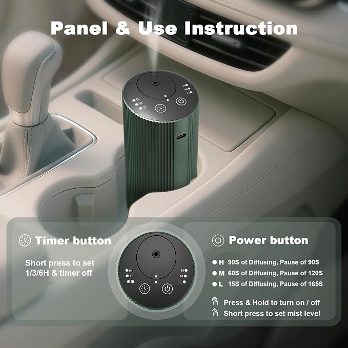 Waterless Essential Oil Diffuser with 4 Timer (1/3/6H & Off) & 3 Mist(L/M/H), Air Scent Diffuser for Home Car Office