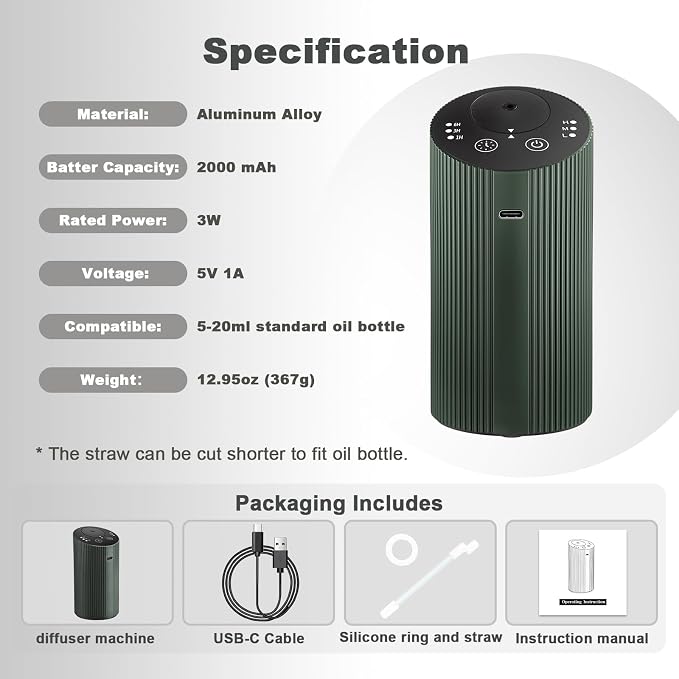 Waterless Essential Oil Diffuser with 4 Timer (1/3/6H & Off) & 3 Mist(L/M/H), Air Scent Diffuser for Home Car Office