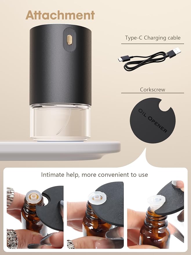 Waterless Oil Diffuser for Home, Car, Office - Rechargeable Scent & Essential Oil Diffuser, 4 Mist Modes and 1/2/4/6 Hour