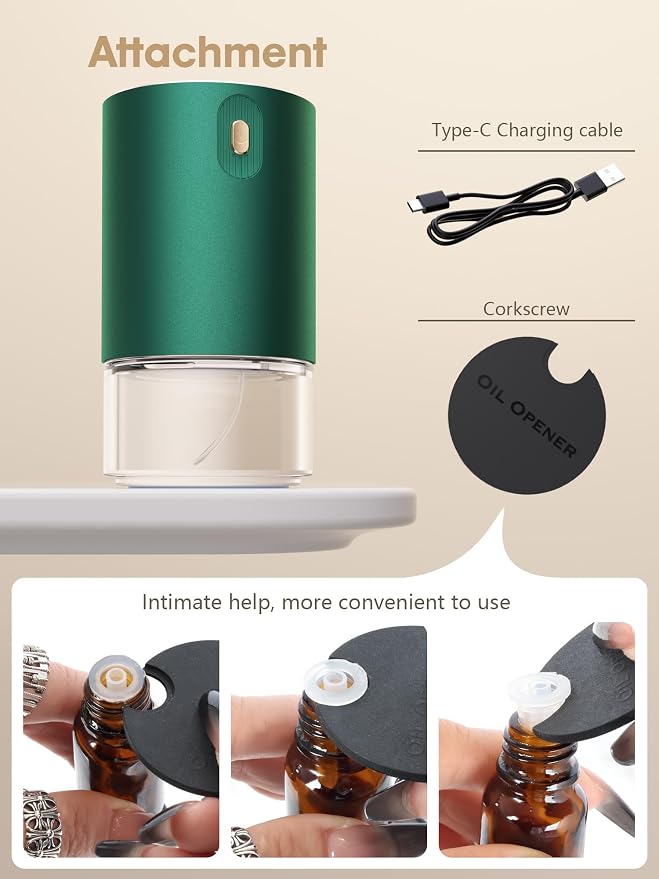 Waterless Oil Diffuser for Home, Car, Office - Rechargeable Scent & Essential Oil Diffuser, 4 Mist Modes and 1/2/4/6 Hour