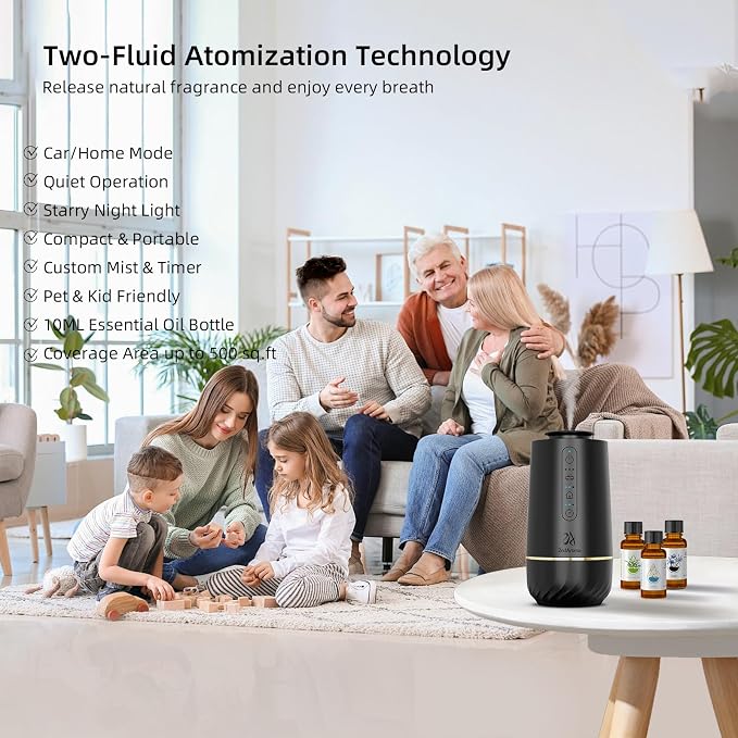 Waterless Oil Diffuser, Portable Car Diffusers for Essential Oils, Wireless Diffusers with 3 Mist Levels & Timer, ABS