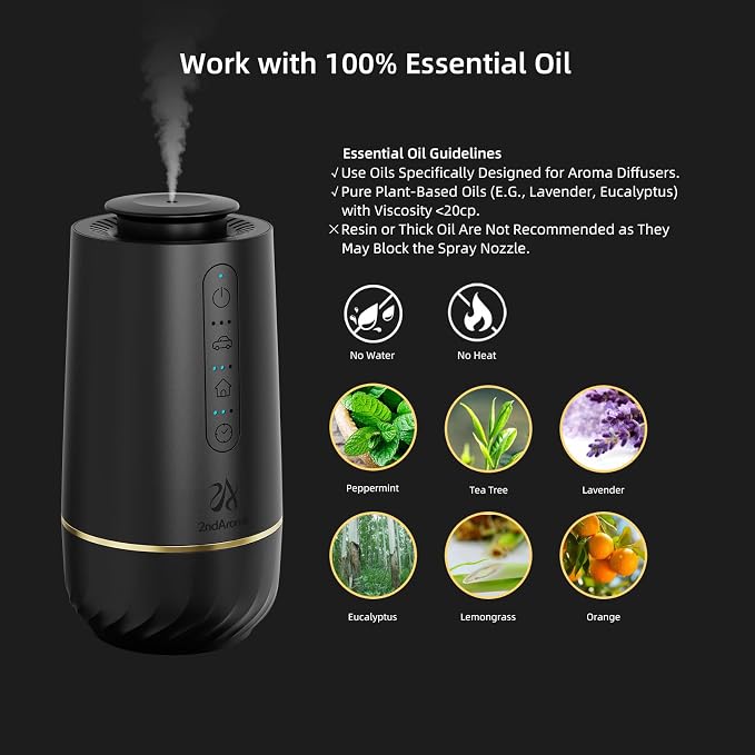 Waterless Oil Diffuser, Portable Car Diffusers for Essential Oils, Wireless Diffusers with 3 Mist Levels & Timer, ABS