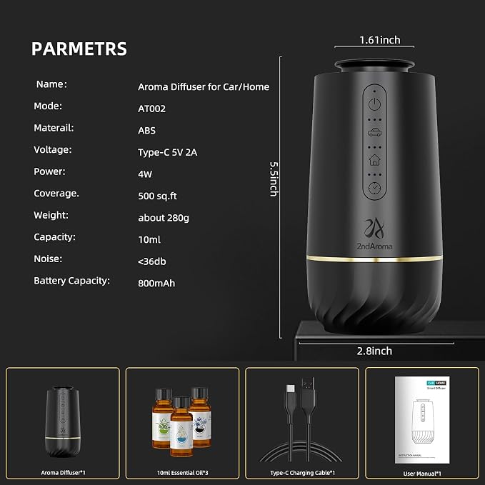 Waterless Oil Diffuser, Portable Car Diffusers for Essential Oils, Wireless Diffusers with 3 Mist Levels & Timer, ABS