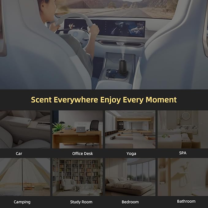Waterless Oil Diffuser, Portable Car Diffusers for Essential Oils, Wireless Diffusers with 3 Mist Levels & Timer, ABS