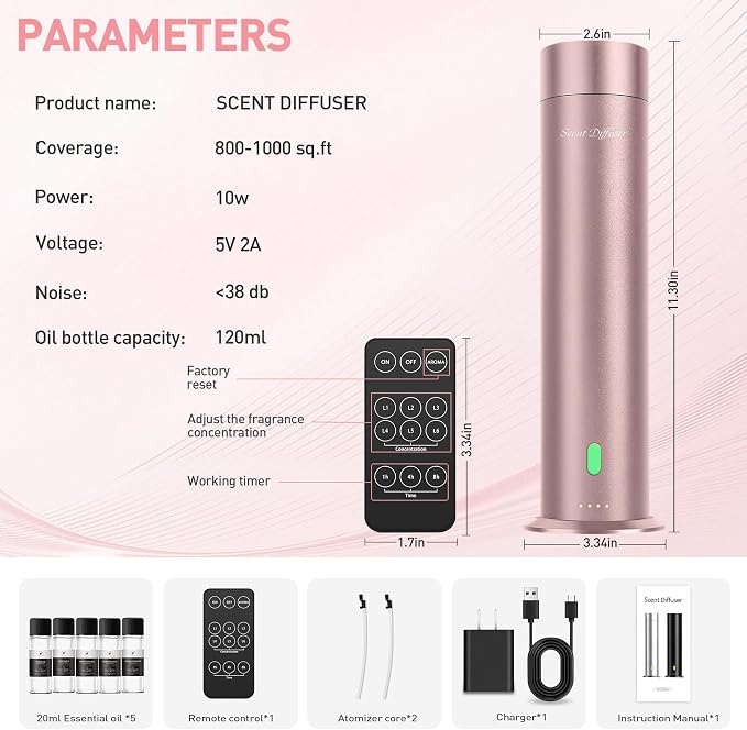 Waterless Scent Diffuser Starter Kit - 1000 Sq Ft Coverage, Hotel Scent Diffuser, Essential Oil Diffuser Large Room