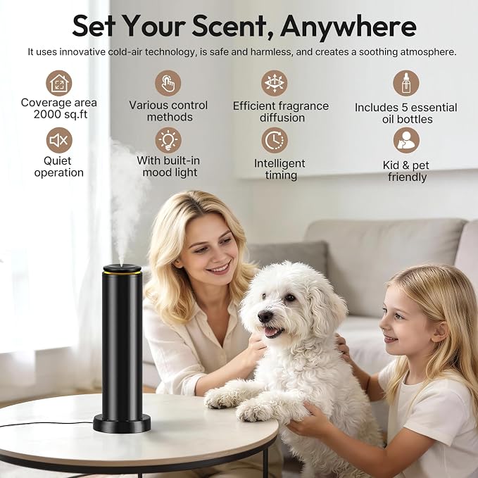 Waterless Scent Diffuser Starter Kit - 2000 Sq Ft Coverage,Hotel Collection Diffuser with Remote/LED Light,Suitable for Home