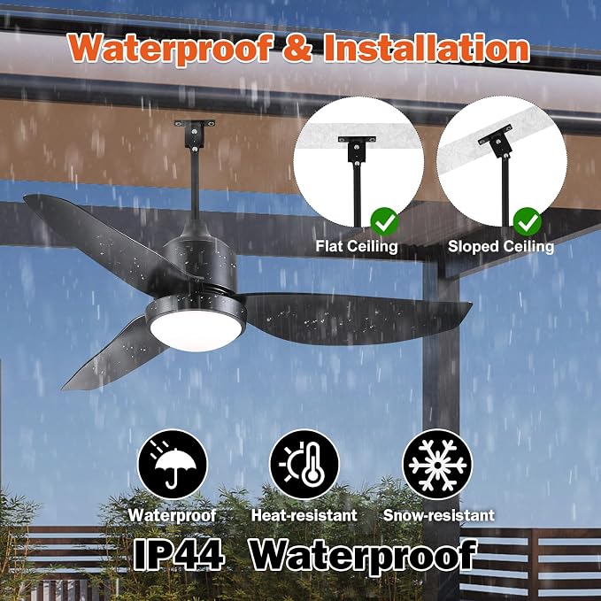 Waterproof Outdoor Ceiling-Fan with Light - 42" Modern Ceiling Fans with 3 Colors LED Light, App & Remote Control, Quiet DC