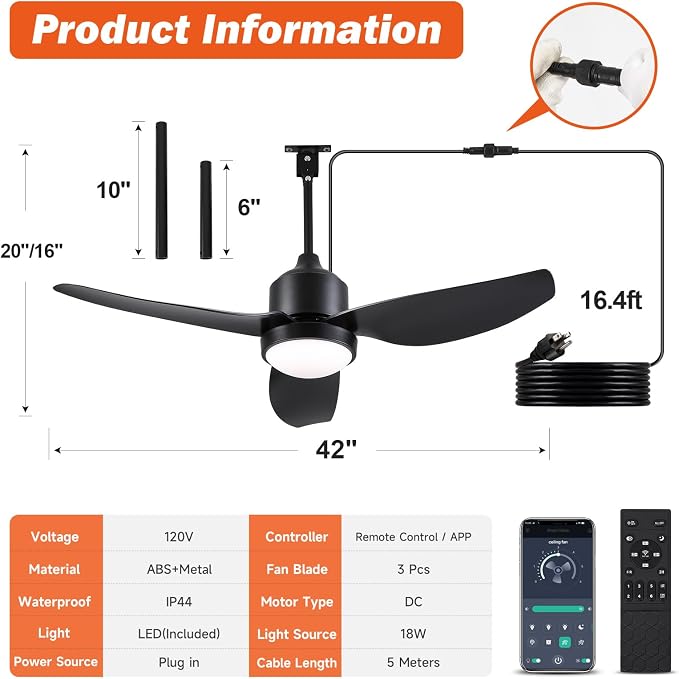 Waterproof Outdoor Ceiling-Fan with Light - 42" Modern Ceiling Fans with 3 Colors LED Light, App & Remote Control, Quiet DC
