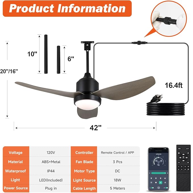 Waterproof Outdoor Ceiling-Fan with Light - 42" Modern Ceiling Fans with 3 Colors LED Light, App & Remote, alternate view 6