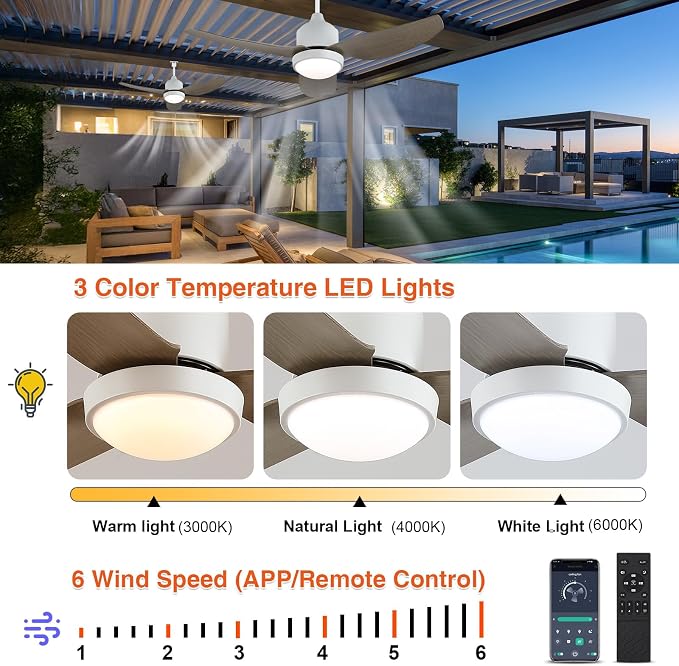 Waterproof Outdoor Ceiling-Fan with Light - 42" Modern Ceiling Fans with 3 Colors LED Light, App & Remote, alternate view 3