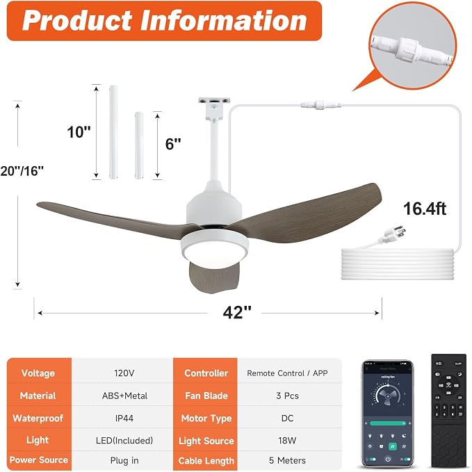 Waterproof Outdoor Ceiling-Fan with Light - 42" Modern Ceiling Fans with 3 Colors LED Light, App & Remote, alternate view 6
