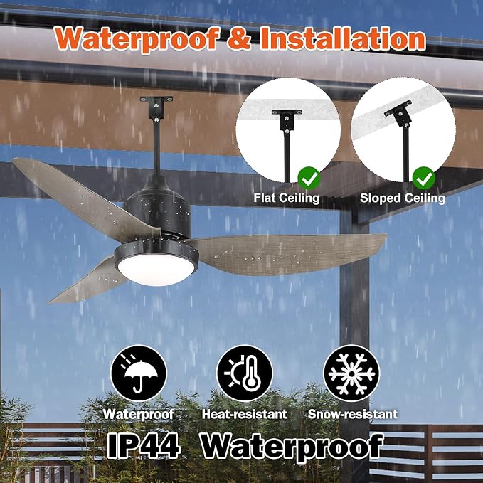 Waterproof Outdoor Ceiling-Fan with Light - 52" Modern Ceiling Fans with 3 Colors LED Light, App & Remote Control, Quiet DC