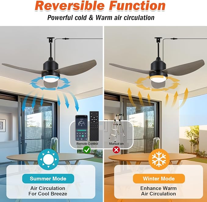 Waterproof Outdoor Ceiling-Fan with Light - 52" Modern Ceiling Fans with 3 Colors LED Light, App & Remote Control, Quiet DC