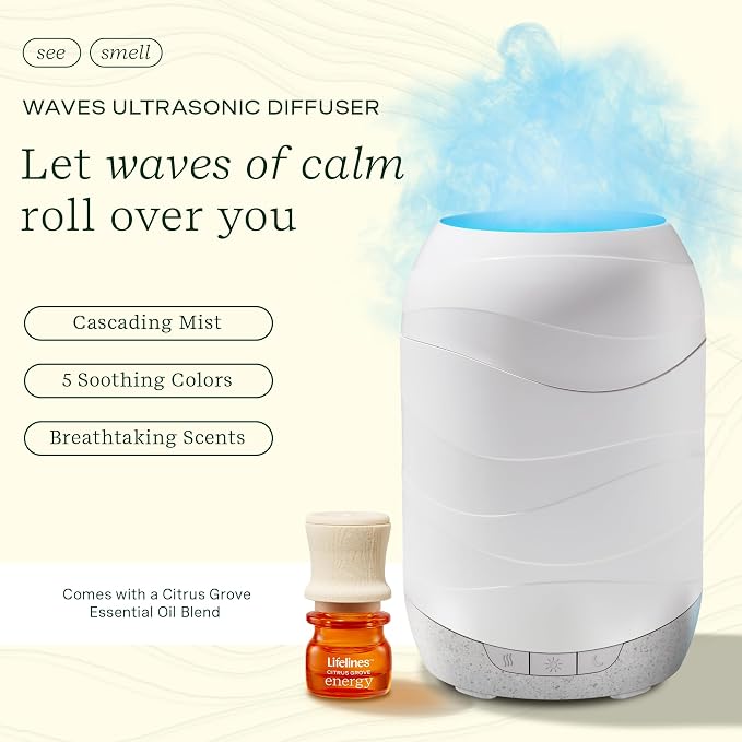 Waves Ultrasonic Essential Oil Diffuser with Essential Oil Blend, 200ml - Aromatherapy Diffuser with Cascading Mist