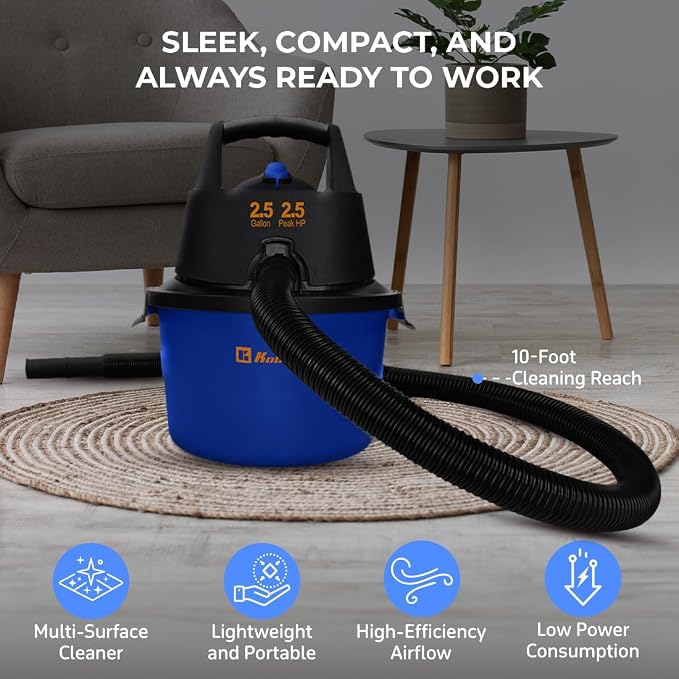WD-2.5L Portable Wet Dry Vacuum, 2.5-Gallon 2.5 PHP Suction Plus Blower Vacuum Cleaner for Liquids, Dust, Pet Hairs, 10’