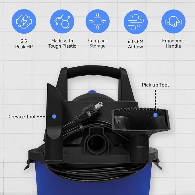 WD-2.5L Portable Wet Dry Vacuum, 2.5-Gallon 2.5 PHP Suction Plus Blower Vacuum Cleaner for Liquids, Dust, Pet Hairs, 10’