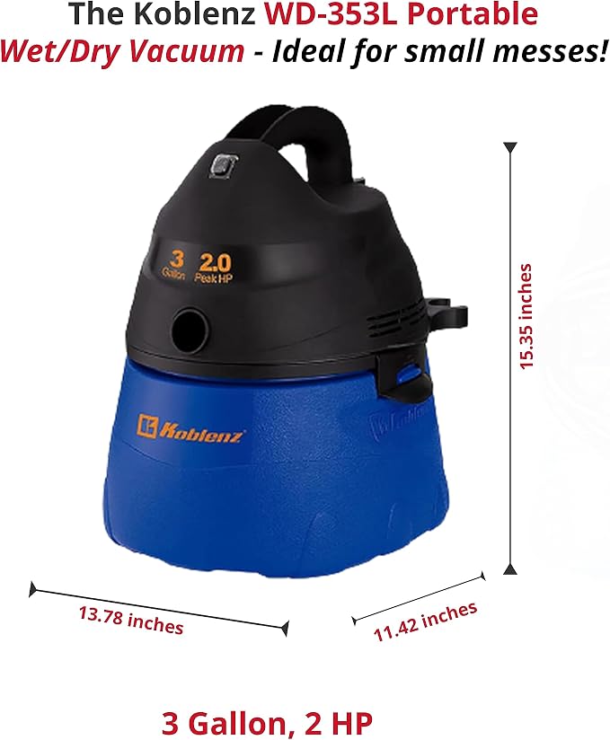 WD-353L Portable Wet-Dry Vacuum Cleaner, 3 Gallon Tank, 2.0 HP Vacuum Cleaner with Several Accessories, 5 Year Warranty