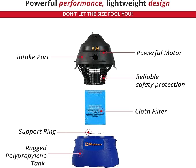 WD-353L Portable Wet-Dry Vacuum Cleaner, 3 Gallon Tank, 2.0 HP Vacuum Cleaner with Several Accessories, 5 Year Warranty