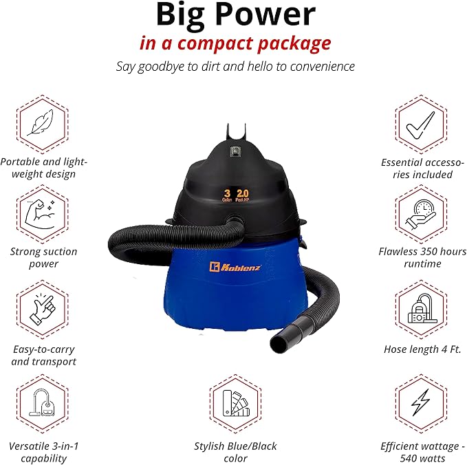 WD-353L Portable Wet-Dry Vacuum Cleaner, 3 Gallon Tank, 2.0 HP Vacuum Cleaner with Several Accessories, 5 Year Warranty