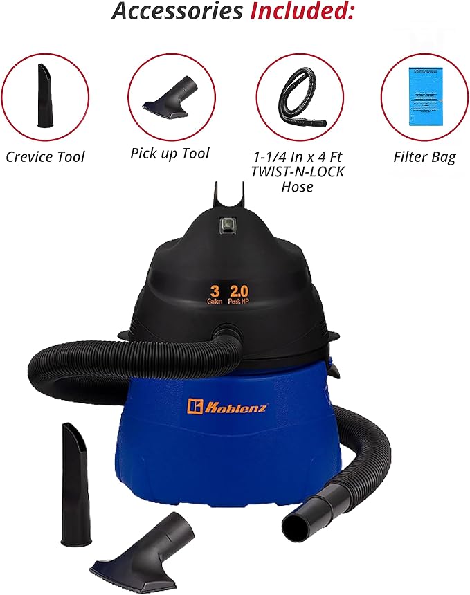 WD-353L Portable Wet-Dry Vacuum Cleaner, 3 Gallon Tank, 2.0 HP Vacuum Cleaner with Several Accessories, 5 Year Warranty