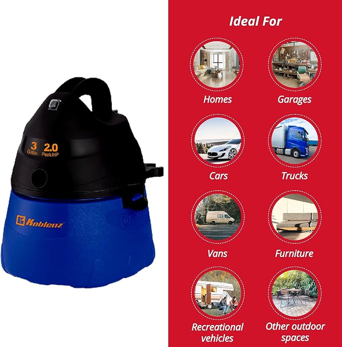 WD-353L Portable Wet-Dry Vacuum Cleaner, 3 Gallon Tank, 2.0 HP Vacuum Cleaner with Several Accessories, 5 Year Warranty