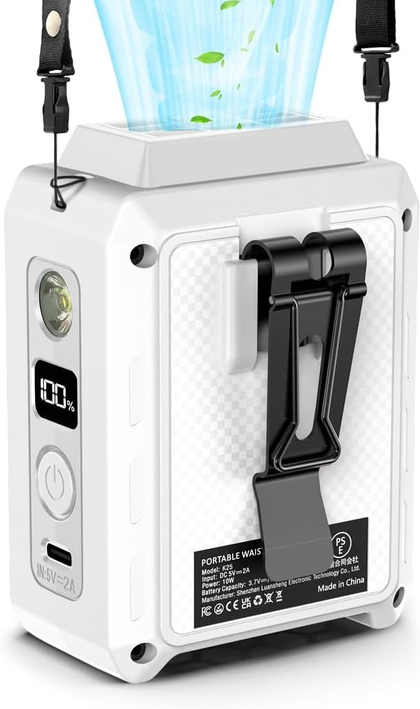 Wearable Waist Clip Fan with Lighting Desktop Stand 16000rpm Runtime upto 20 hours (5000mAh / White), product image