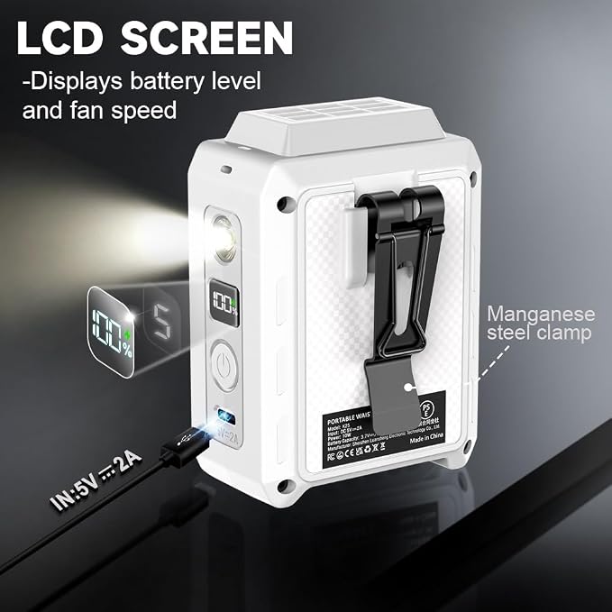 Wearable Waist Clip Fan with Lighting Desktop Stand 16000rpm Runtime upto 20 hours (5000mAh / White), alternate product view
