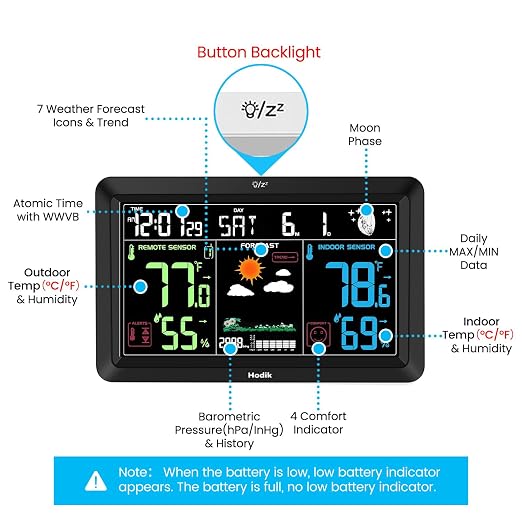 Weather Station Atomic Clock Indoor Outdoor Thermometer Wireless, Barometer Humidity Temperature Monitor Hygrometer with High