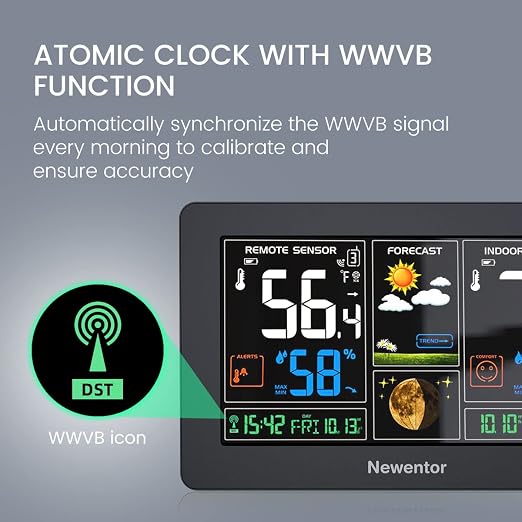 Weather Station Wireless Indoor Outdoor Thermometer, Color Display Digital Weather Thermometer with Atomic Clock, Barometric