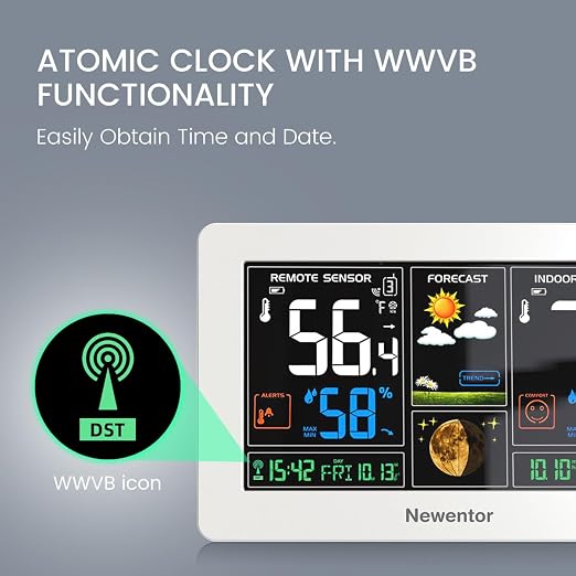 Weather Station Wireless Indoor Outdoor Thermometer, Color Display Digital Weather Thermometer with Atomic Clock, Barometric