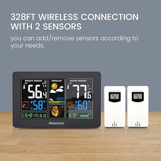 Weather Station Wireless Indoor Outdoor Thermometer, Color Display Digital Weather Thermometer with Atomic Clock, Barometric
