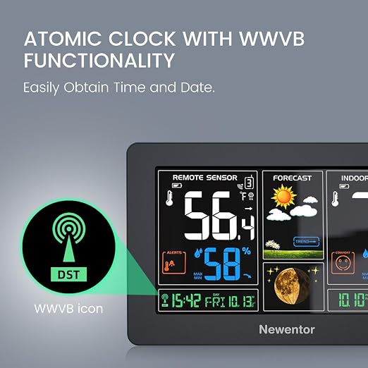 Weather Station Wireless Indoor Outdoor Thermometer, Color Display Digital Weather Thermometer with Atomic Clock, Barometric