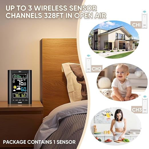 Weather Station Wireless Indoor Outdoor Thermometer, Inside Outside Temperature Humidity Monitor,with 330ft Range Sensor and
