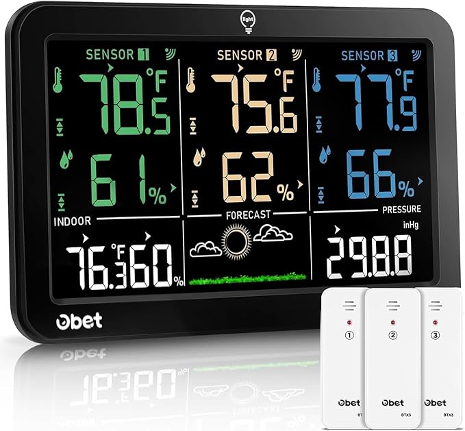 Weather Station Wireless Indoor Outdoor Thermometer Wireless, Color Display Digital Temperature and Humidity Monitor with 3