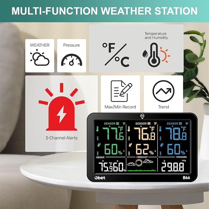 Weather Station Wireless Indoor Outdoor Thermometer Wireless, Color Display Digital Temperature and Humidity Monitor with 3