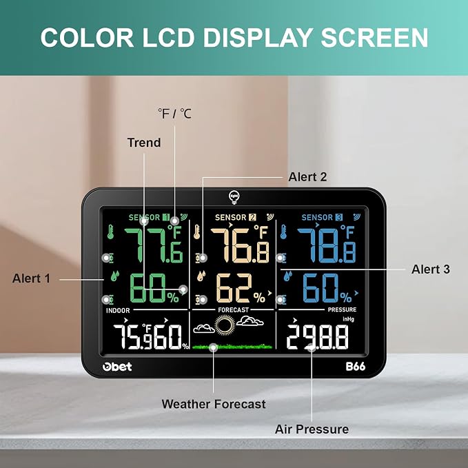 Weather Station Wireless Indoor Outdoor Thermometer Wireless, Color Display Digital Temperature and Humidity Monitor with 3