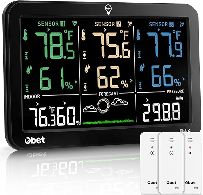Weather Station Wireless Indoor Outdoor Thermometer Wireless, Color Display Digital Temperature and Humidity Monitor with 3
