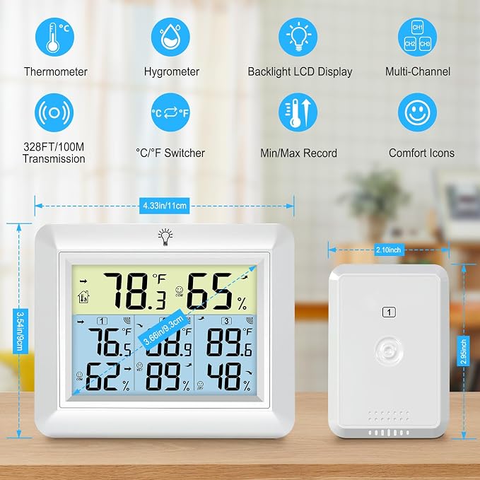 Weather Station Wireless Indoor Outdoor Thermometer with 3 Sensors, Remote Temperature Monitor with Humidity for Home, Baby