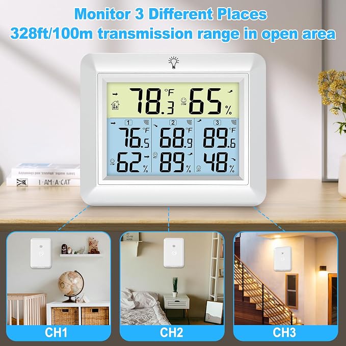 Weather Station Wireless Indoor Outdoor Thermometer with 3 Sensors, Remote Temperature Monitor with Humidity for Home, Baby