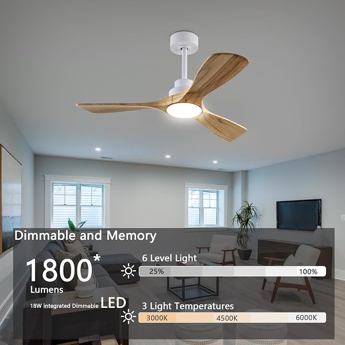 Welcome Ceiling Fan with Lights, 42'' Wood Ceiling Fan with Remote Control, Automatic Memory and Dimmable 3 Color Light /
