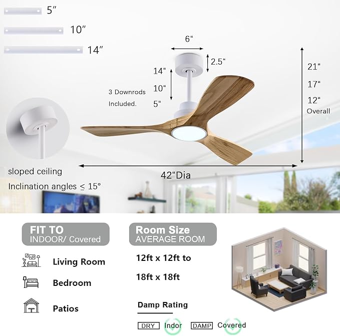 Welcome Ceiling Fan with Lights, 42'' Wood Ceiling Fan with Remote Control, Automatic Memory and Dimmable 3 Color Light /