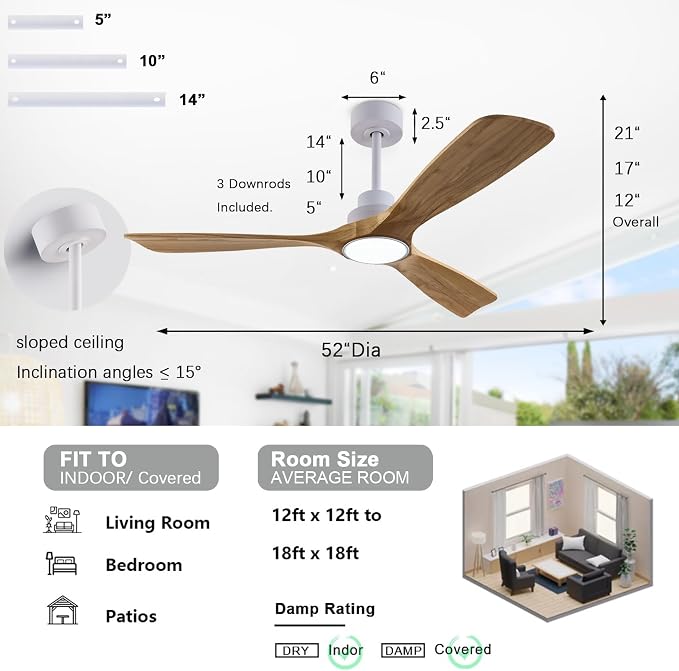 Welcome Ceiling Fans with Auto-Memory Indoor/Outdoor 52"Ceiling Fans with Lights and Remote, alternate product view 4