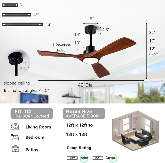 Welcome Ceiling Fans with Lights 42'' Wood Ceiling Fan with Remote Control for Auto-Memory Settings Modern Ceiling Fan for