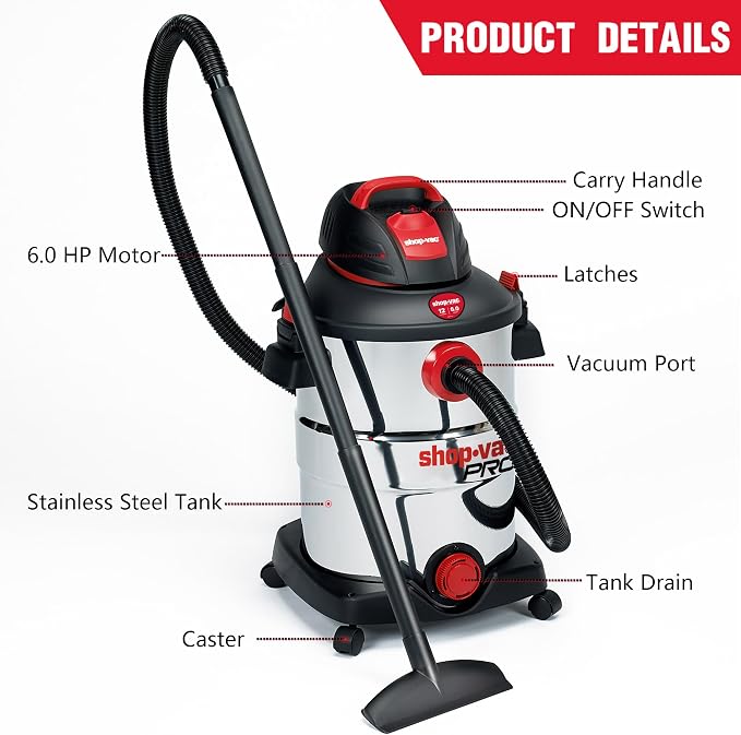wet/dry vacuum 12 Gallon 6.0 Peak HP Wet/Dry Vacuum, Stainless Steel Tank, 3 in 1 Function Portable wet/dry vacuum with