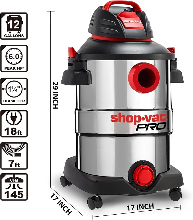 wet/dry vacuum 12 Gallon 6.0 Peak HP Wet/Dry Vacuum, Stainless Steel Tank, 3 in 1 Function Portable wet/dry vacuum with