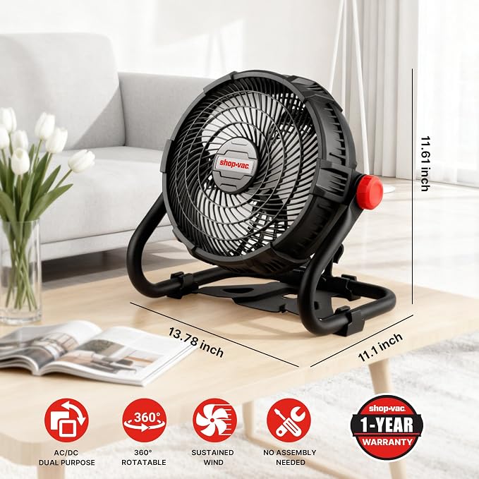 wet/dry vacuum 20V Portable Fan, 12-Inch Battery Powered Rechargeable Camping Fan, Desk Fan for Home, Office, Outdoor