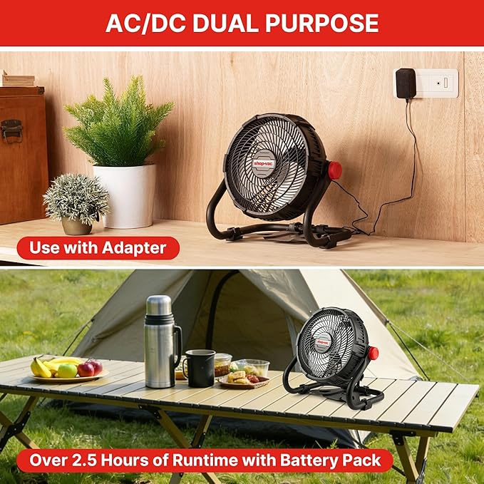 wet/dry vacuum 20V Portable Fan, 12-Inch Battery Powered Rechargeable Camping Fan, Desk Fan for Home, Office, Outdoor